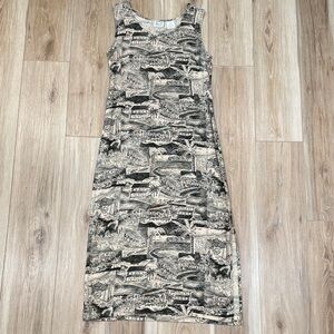 Neutral Vintage-Inspired Scenic Print Midi Dress – Retro Sleeveless Style